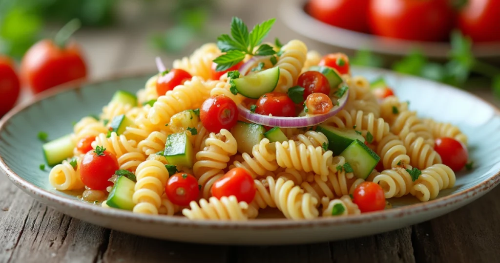 The salad is lightly coated with a lemony dressing, and garnished with fresh herbs like parsley. The setting includes a rustic wooden table and soft natural lighting to evoke a warm, inviting summer gathering vibe."