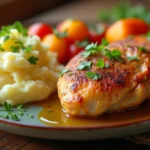 "A delicious and visually appealing plate of tender slow cooker chicken thighs served alongside creamy mashed potatoes and vibrant roasted vegetables. The dish is garnished with fresh herbs like parsley and thyme, arranged elegantly on a rustic wooden table. The chicken thighs are golden-brown with crispy skin, showcasing their juicy and flavorful texture. Soft natural lighting highlights the warmth and comfort of the meal."