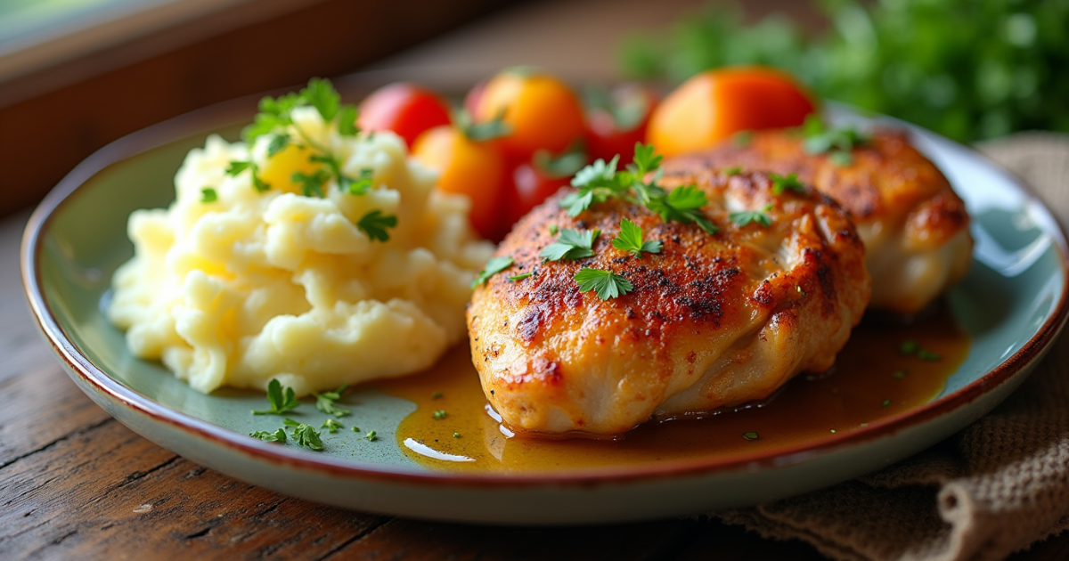 "A delicious and visually appealing plate of tender slow cooker chicken thighs served alongside creamy mashed potatoes and vibrant roasted vegetables. The dish is garnished with fresh herbs like parsley and thyme, arranged elegantly on a rustic wooden table. The chicken thighs are golden-brown with crispy skin, showcasing their juicy and flavorful texture. Soft natural lighting highlights the warmth and comfort of the meal."