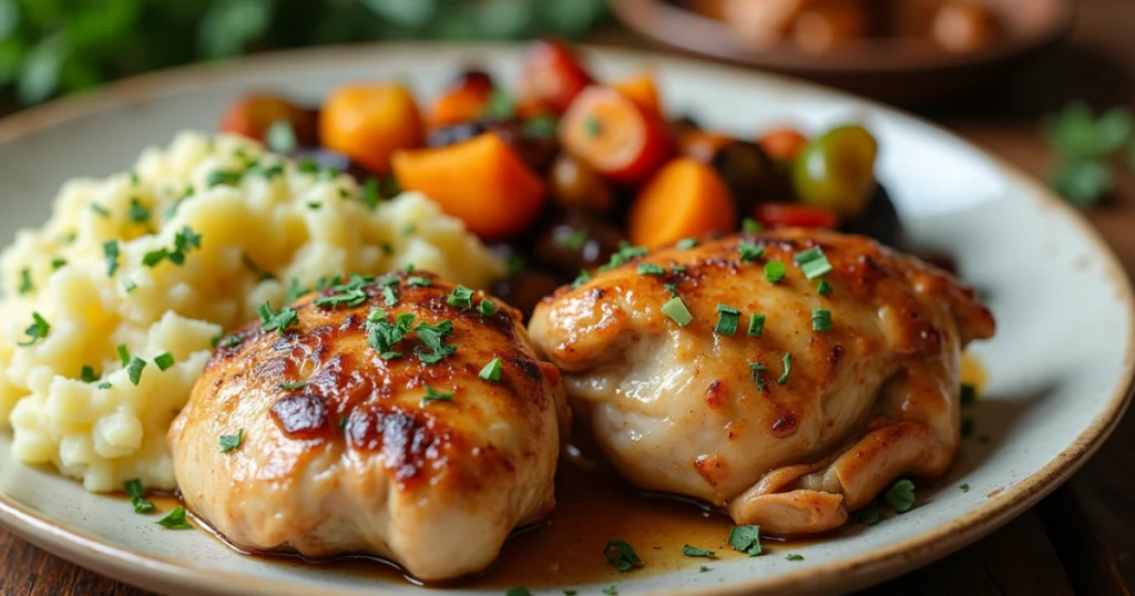 "A delicious and visually appealing plate of tender slow cooker chicken thighs served alongside creamy mashed potatoes and vibrant roasted vegetables. The dish is garnished with fresh herbs like parsley and thyme, arranged elegantly on a rustic wooden table. The chicken thighs are golden-brown with crispy skin, showcasing their juicy and flavorful texture. Soft natural lighting highlights the warmth and comfort of the meal."