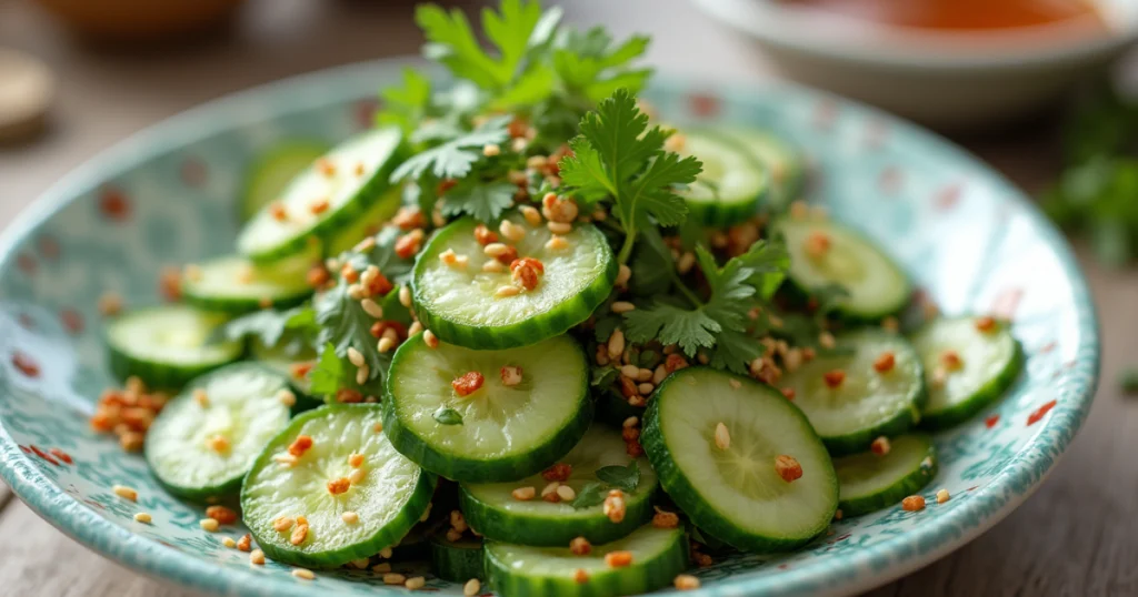 "Quick and flavorful cucumber salad with Asian flavors."