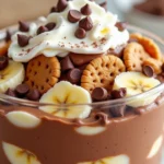 "A delicious layered chocolate banana pudding dessert in a dish, with rich chocolate pudding, ripe banana slices, vanilla wafers, and a dollop of whipped cream, garnished with chocolate chips and a few banana slices on top."