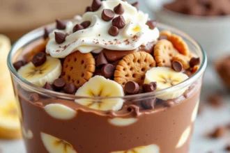 "A delicious layered chocolate banana pudding dessert in a dish, with rich chocolate pudding, ripe banana slices, vanilla wafers, and a dollop of whipped cream, garnished with chocolate chips and a few banana slices on top."