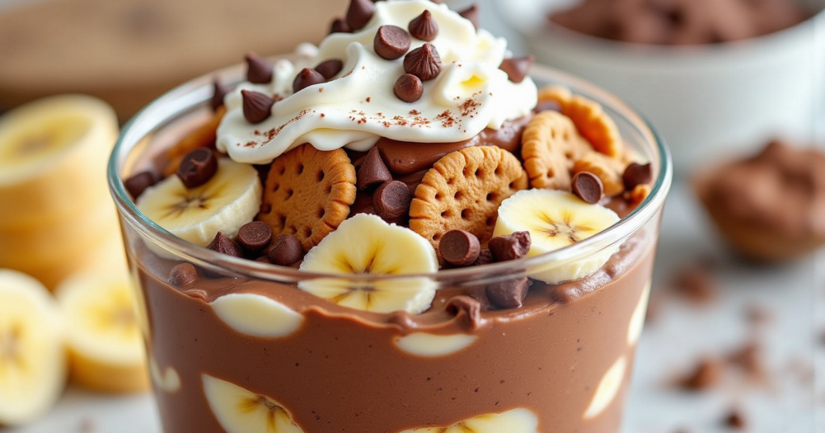 "A delicious layered chocolate banana pudding dessert in a dish, with rich chocolate pudding, ripe banana slices, vanilla wafers, and a dollop of whipped cream, garnished with chocolate chips and a few banana slices on top."